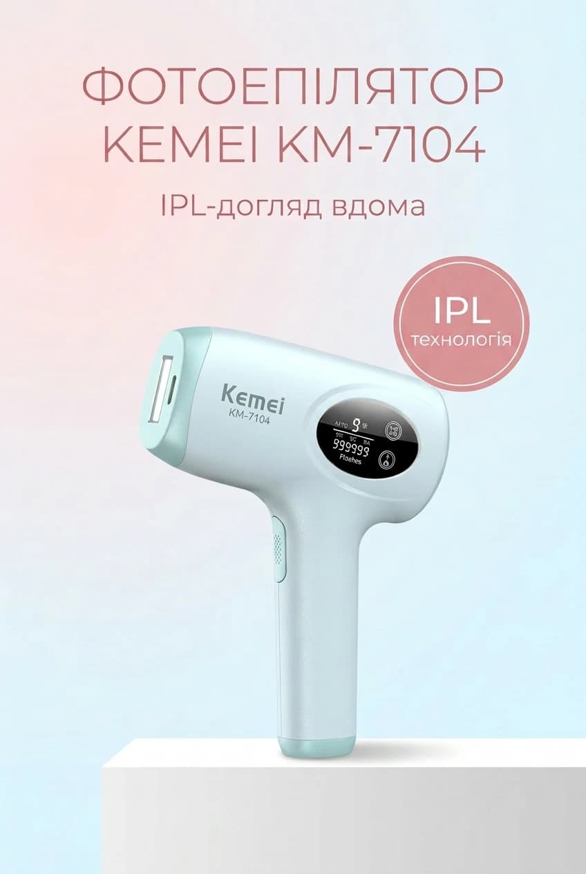 Фотоепілятор Kemei KM-7104 білий • IPL-епілятор для домашнього видалення волосся на обличчі, ногах, руках, тілі та зоні бікіні