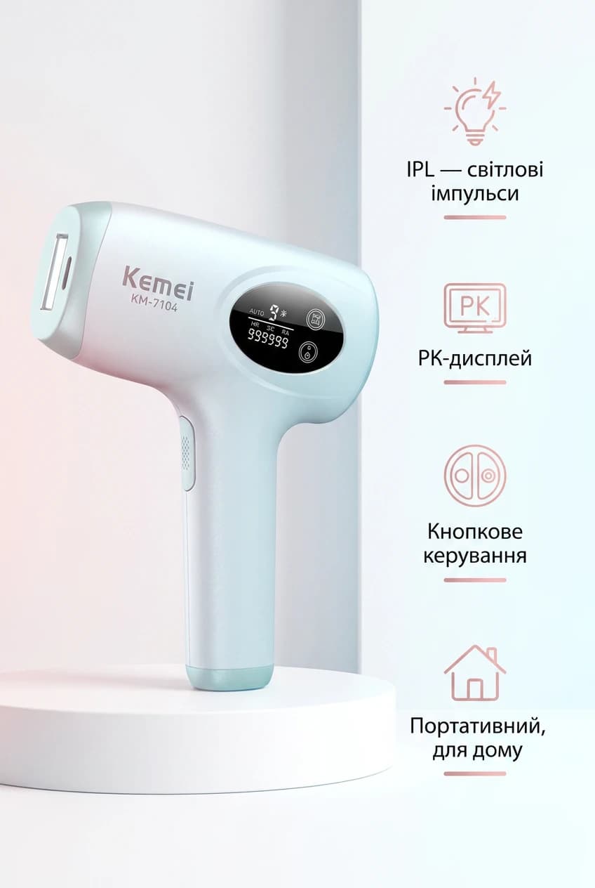 Фотоепілятор Kemei KM-7104 білий • IPL-епілятор для домашнього видалення волосся на обличчі, ногах, руках, тілі та зоні бікіні — 2