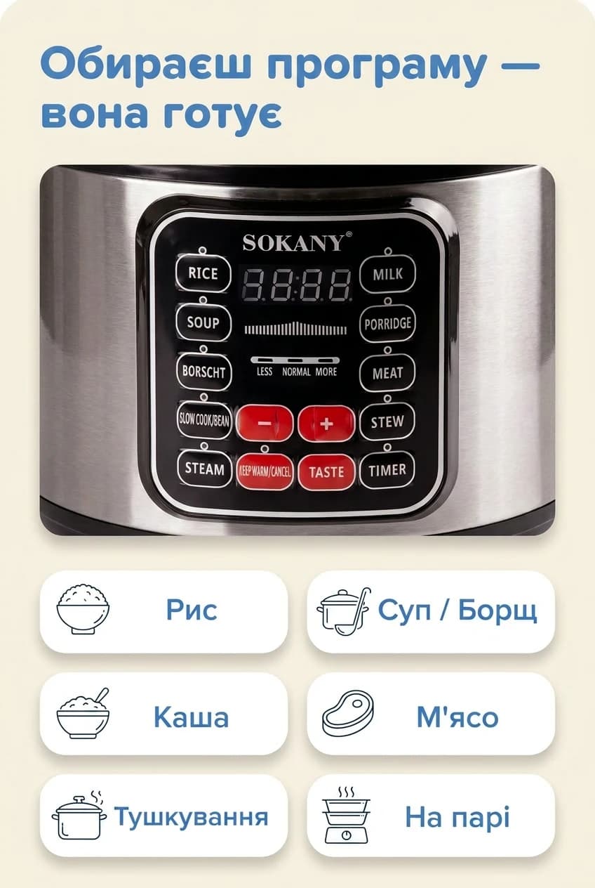 Мультиварка электрическая Sokany 1000 Вт на 5 л с антипригарным покрытием SK-2402-5L — 4