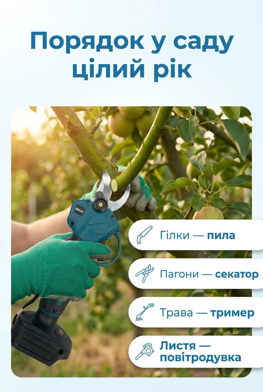 Акумуляторний садовий набір 4в1 з тримером, секатором, пилою та повітродувкою • Синій комплект для догляду за садом з 2 АКБ — 6