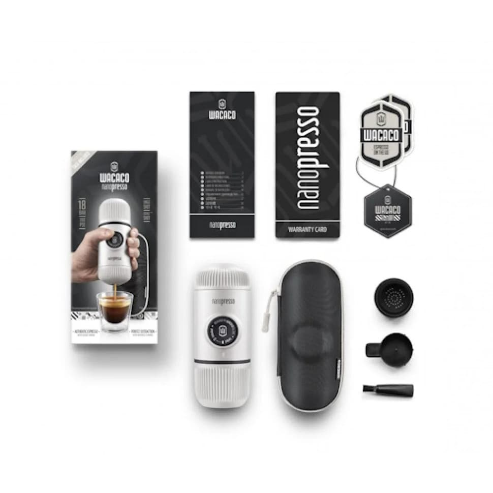 Портативна еспресо-кавоварка Wacaco Nanopresso біла з чохлом, механічна, для меленої кави — 7