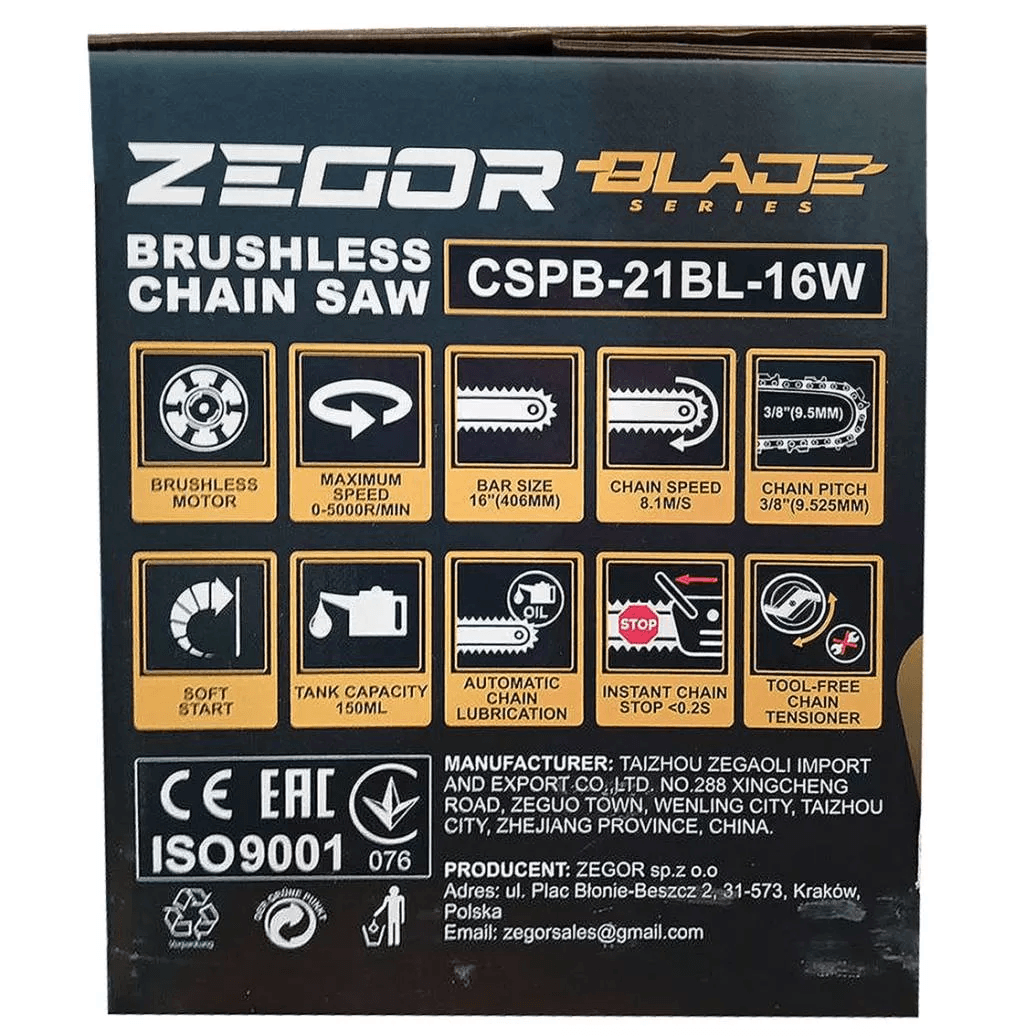 Пила ланцюгова акумуляторна Zegor CSPB-21BL-16W PROFESSIONAL : шина 405 мм (акум 2шт-21V 4.0Ah і зарядка) — фото 5