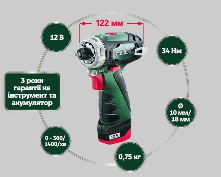 Акумуляторний шуруповерт Metabo PowerMaxx BS Basic 2х2,0 Ач в сумці (600079550) — фото 4