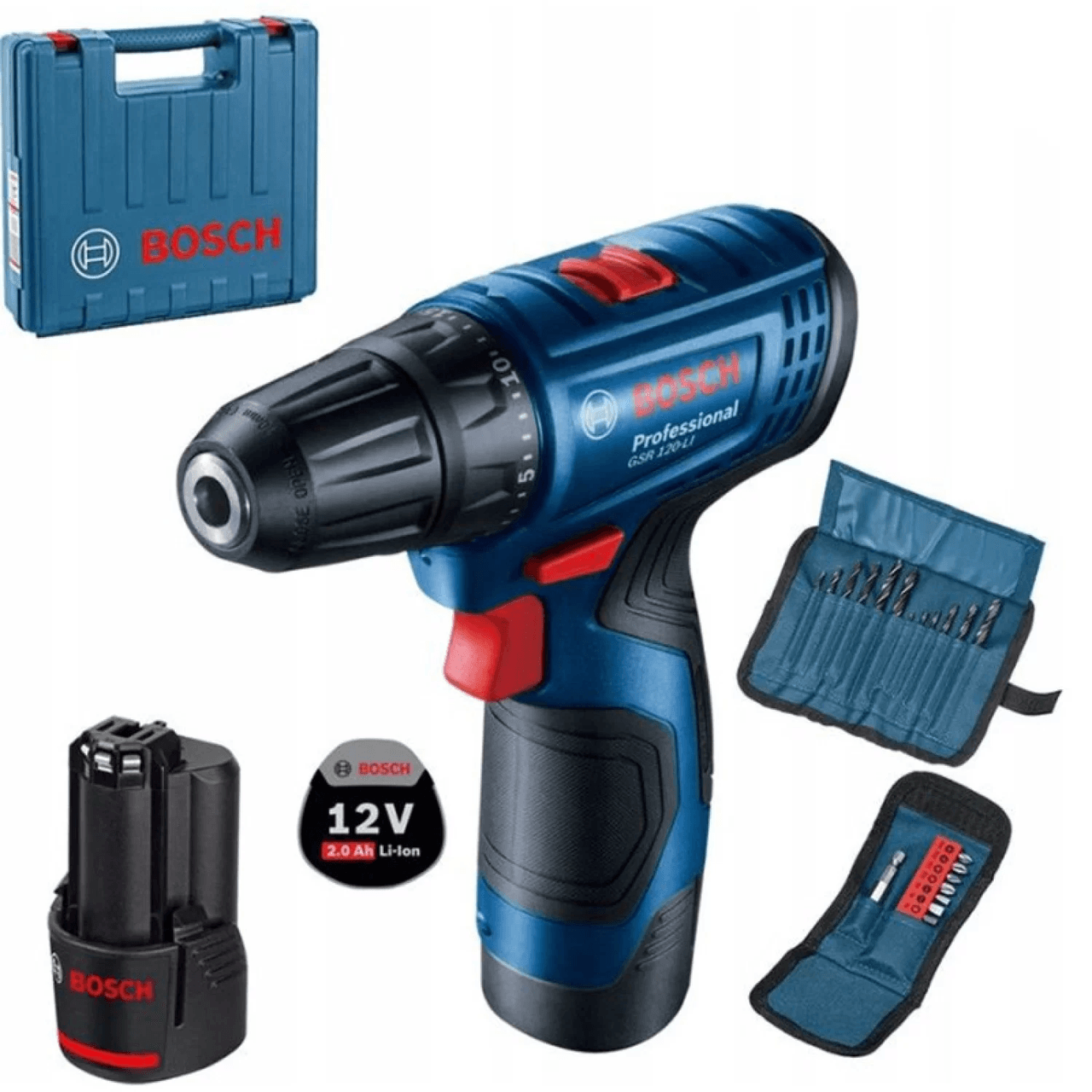 Акумуляторний дриль-шуруповерт Bosch GSR 120-LI Professional : кейс, 2шт АКБ 12V 2Ah, набір біт та свердел