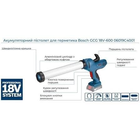Акумуляторний пістолет для герметика Bosch GCG 18V-600 18 В, 3,5 кН, 600 мл, без АКБ та ЗП — фото 6