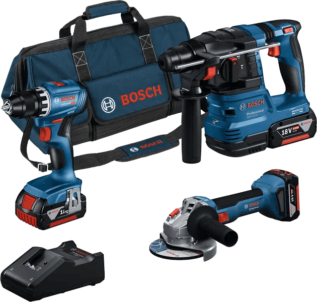 Набір акумуляторних інструментів Bosch 18V: GSR 185-LI, GWS 18V-8, GBH 18V-22, 3×4 А·год