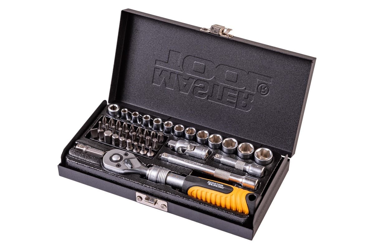 Набір інструментів MASTERTOOL PROFI ¼" 45 шт 4-13 мм телескопічна тріскачка CrV50BV30 металевий кейс 78-2045