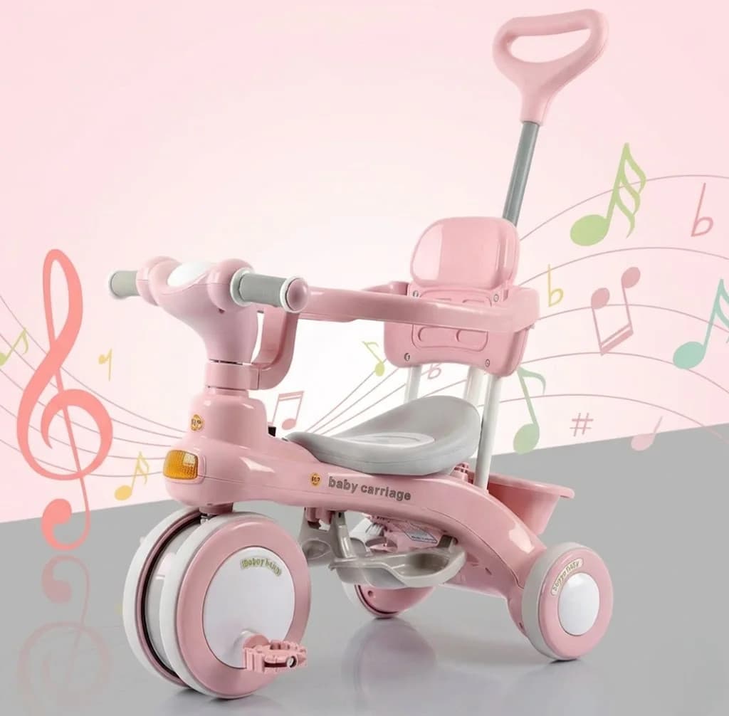 Дитячий триколісний велосипед Baby Carriage 588 рожевий з батьківською ручкою • Велосипед-коляска Baby Carriage 588 для малюків з кошиком і козирком — 4