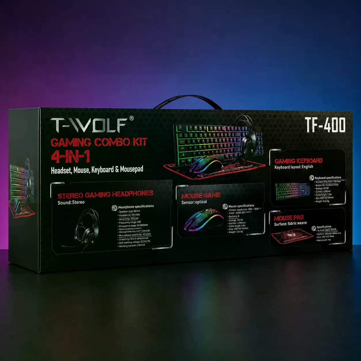 Ігровий комплект Gaming Combo 4-in-1 T-Wolf TF-400 чорний • Геймерський набір клавіатура, миша, навушники та килимок для ПК — 4