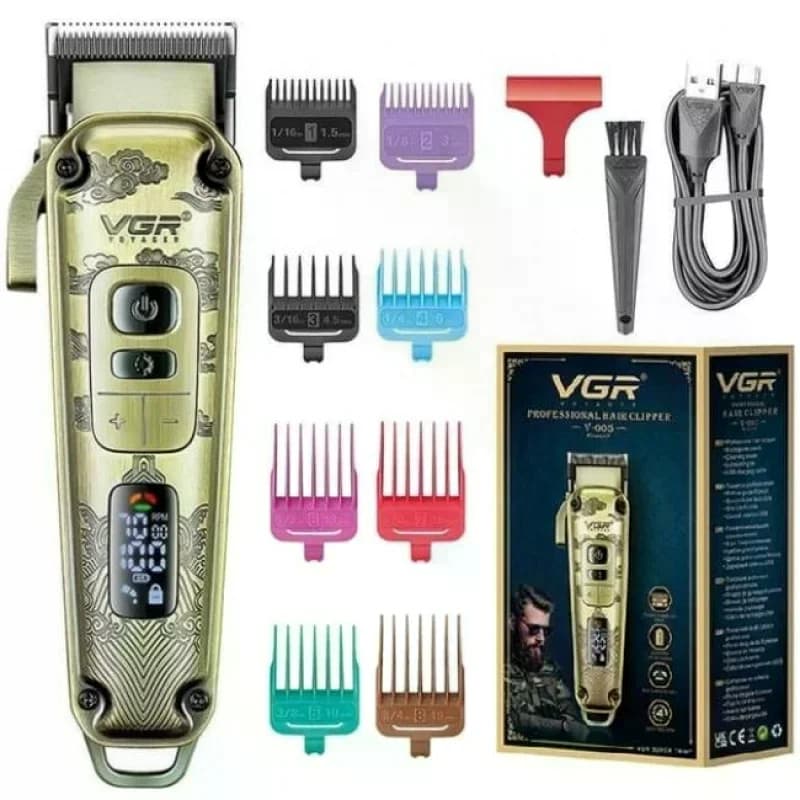 Машинка для стрижки VGR V-005 • Акумуляторна машинка для волосся та бороди VGR V-005 з LED-дисплеєм, 4 швидкостями та 8 насадками