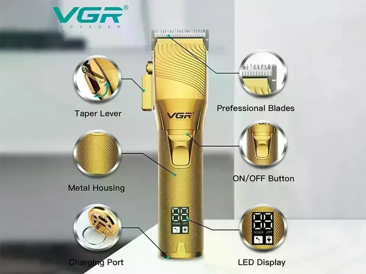 Машинка для стрижки VGR V-280 • Акумуляторна машинка VGR V-280 з 6 насадками 1,5–13 мм, LCD-дисплеєм і USB-заряджанням — 6