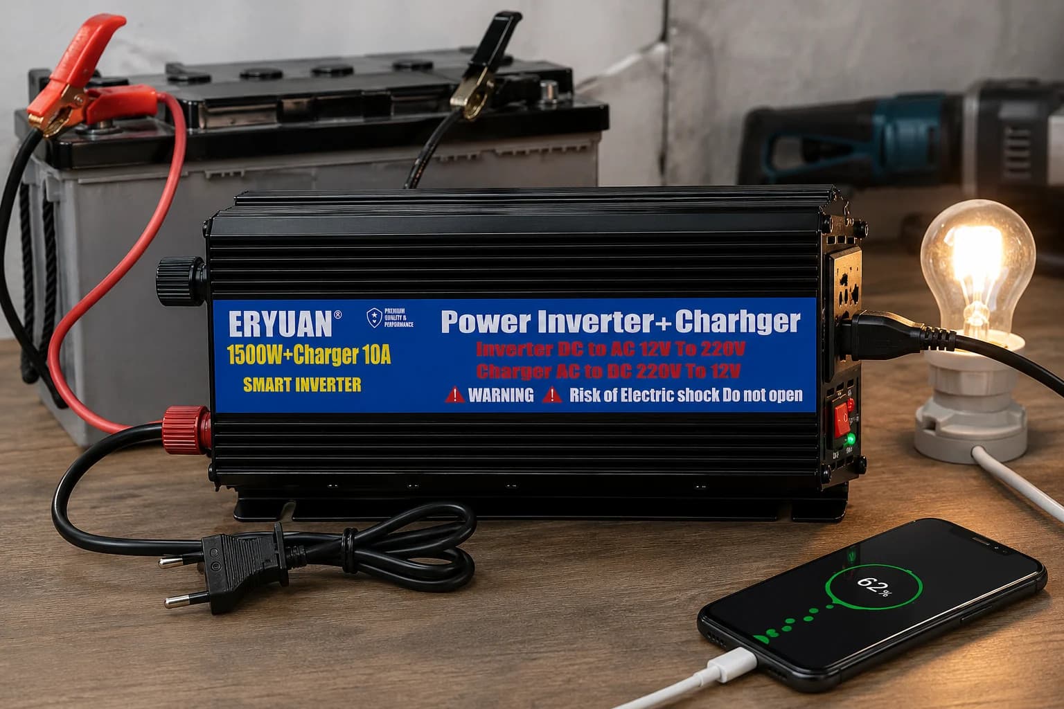 Перетворювач напруги 1500W із зарядним пристроєм 10A • Інвертор для акумулятора, дому, авто та резервного живлення — 5