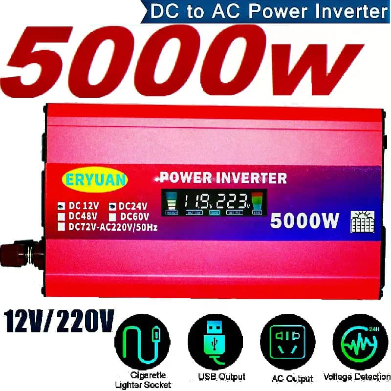 Перетворювач напруги 5000W 12V/24V у 220V з LCD-дисплеєм і підтримкою сонячної панелі • Інвертор для дому, авто, дачі та резервного живлення — 3