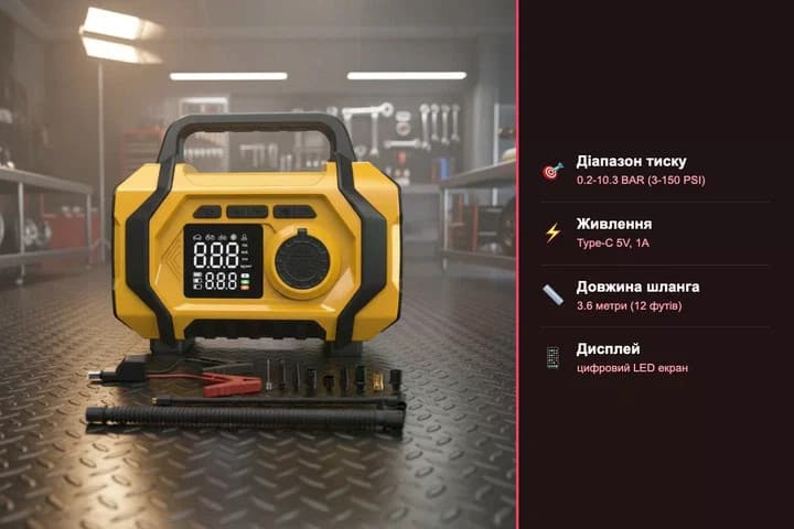 Портативний автомобільний компресор ATJ-201 жовтий • Акумуляторний насос для підкачування шин із цифровим дисплеєм, автовимкненням, Powerbank і зарядкою Type-C для авто, мотоцикла, велосипеда та надувних виробів — 2