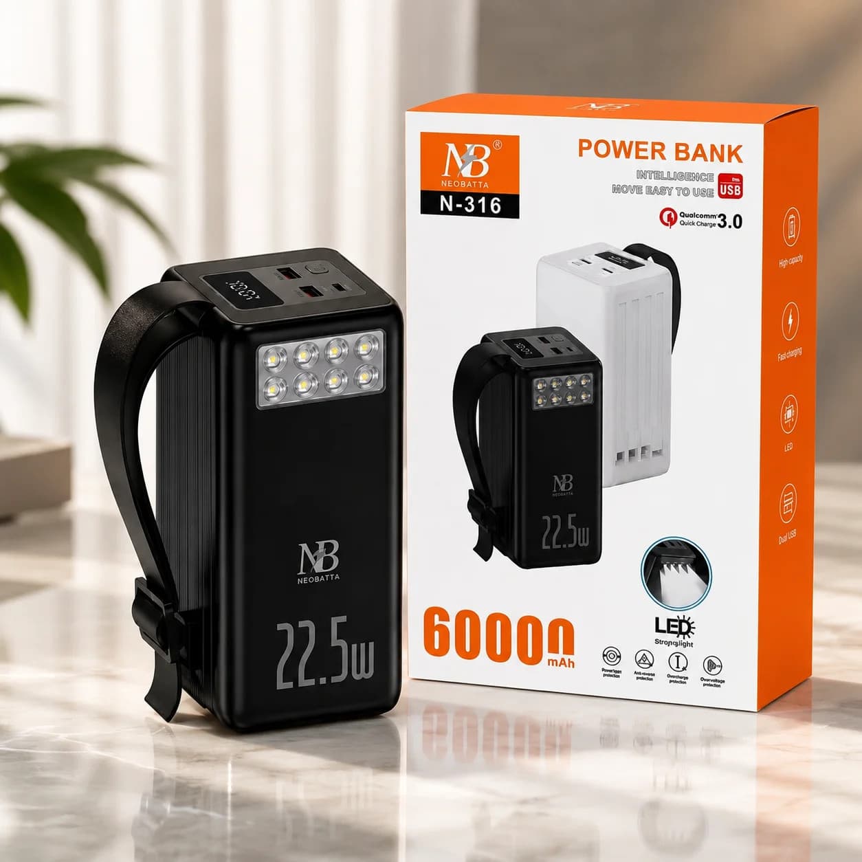 Повербанк Neobatta N-316, 60 000 мА·год, 22,5 Вт, дисплей і LED-ліхтар — 3