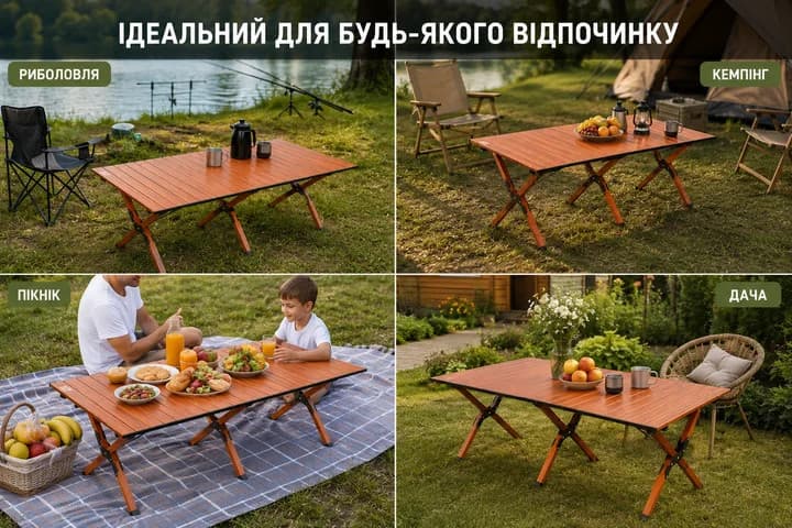Складаний туристичний стіл 149,5х70х43 см коричневий • Похідний стіл для пікніка, кемпінгу, риболовлі, дачі та відпочинку на природі — 3