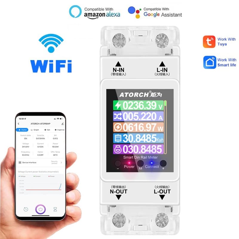 Умный счетчик электроэнергии с wifi, экраном и 4-мя видами защиты на DIN рейку до 100 ампер Atorch AT2PW — 2
