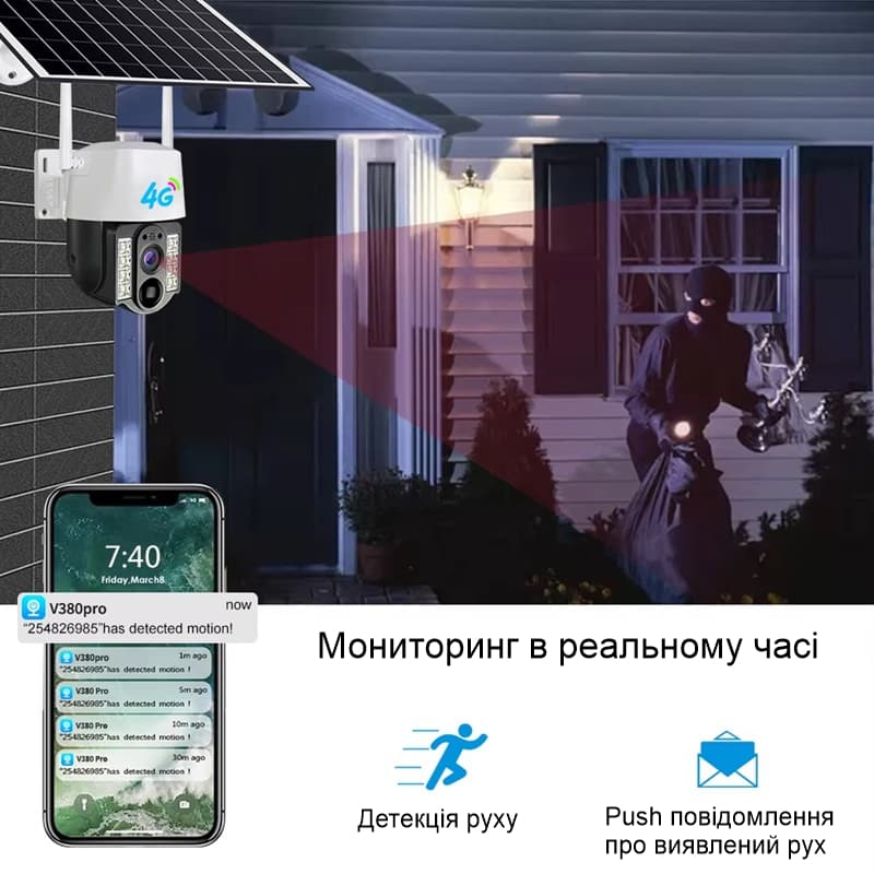 Автономна вулична 4G камера відеоспостереження поворотна PTZ із сонячною панеллю Nectronix VC3-G, V380 pro — 6